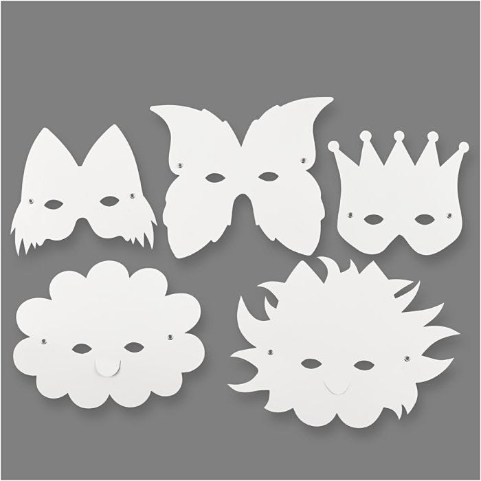 Masques - Élastiques inclus, H : 15-20 cm, 230 gr, blanc, 5 pièces/ 1 Pq.