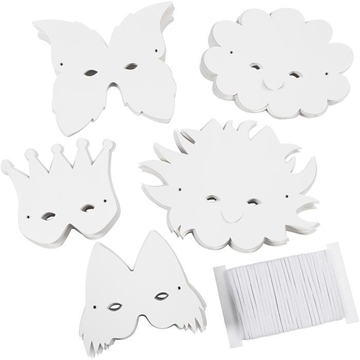 Masques - Élastiques inclus, H : 15-20 cm, 230 gr, blanc, 100 ass./ 1 Pq.