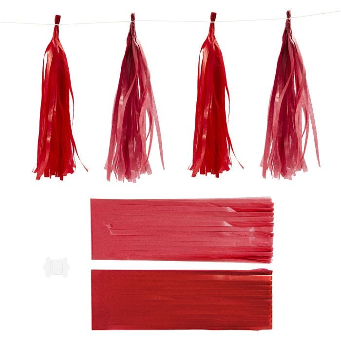 Pompons en papier, dim. 12x35 cm, 14 gr, rouge vin/rouge, 12 pièces/ 1 Pq.