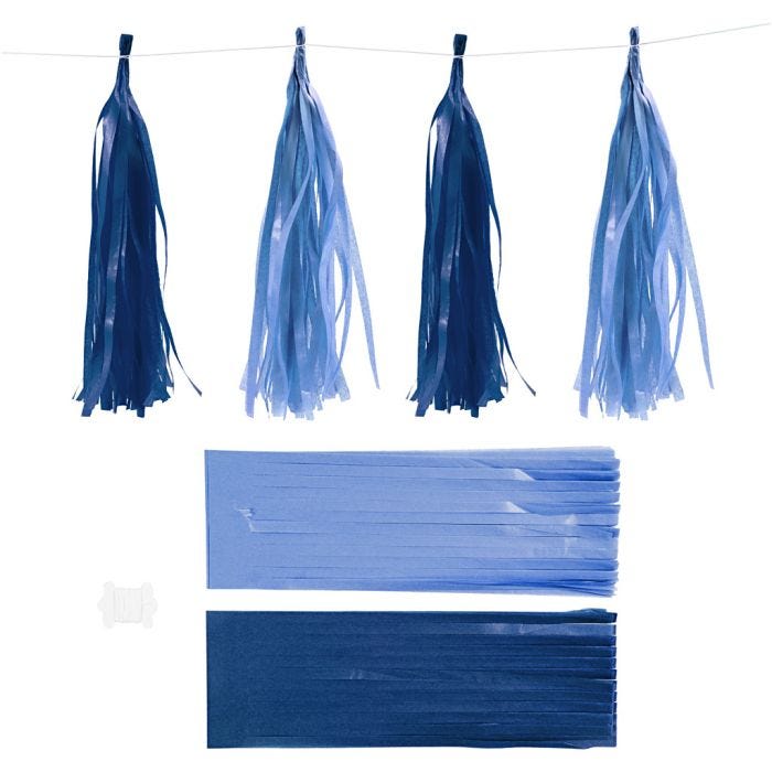 Pompons en papier, dim. 12x35 cm, 14 gr, bleu foncé/bleu clair, 12 pièces/ 1 Pq.