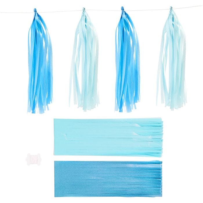Pompons en papier, dim. 12x35 cm, 14 gr, bleu, bleu clair, 12 pièces/ 1 Pq.