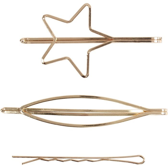 Pince à cheveux, L : 70 mm, L : 32 mm, doré, 3 pièces/ 1 Pq.