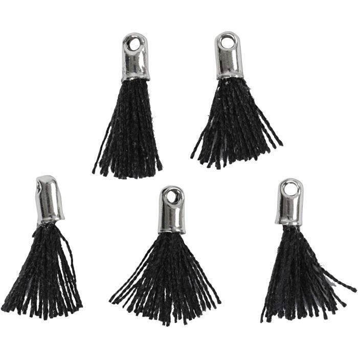 Pompon en coton, L : 10 mm, diamètre intérieur 1 mm, noir, 5 pièces/ 1 Pq.