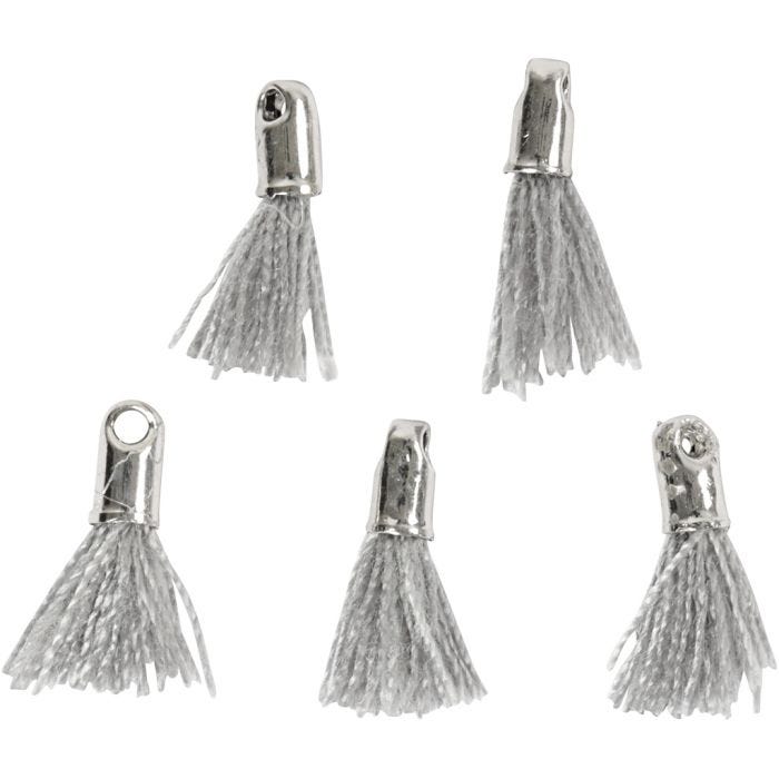 Pompon en coton, L : 10 mm, diamètre intérieur 1 mm, gris, 5 pièces/ 1 Pq.