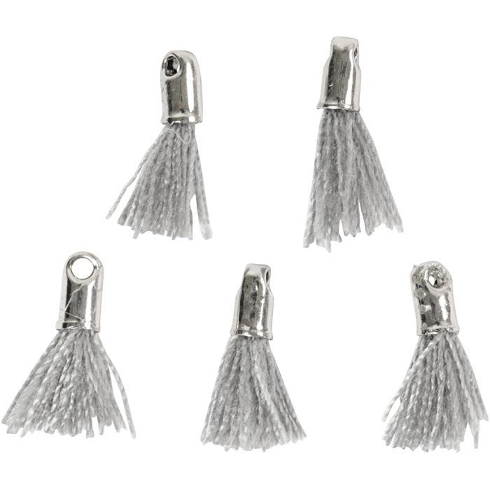 Tassel, L: 10 mm, gatgrootte 1 mm, grijs, 5 stuk/ 1 doos