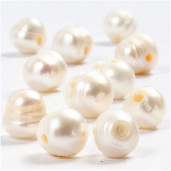 Perles d’eau douce, dim. 9-11 mm, diamètre intérieur 2 mm, nacré, 10 pièces/ 1 Pq.