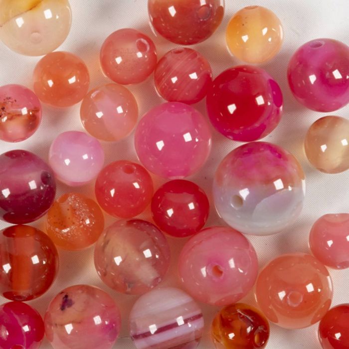 Perles de pierres d'agate, d 6+8+10 mm, diamètre intérieur 0,9-1 mm, beige, rose, 28 pièces/ 1 Pq.
