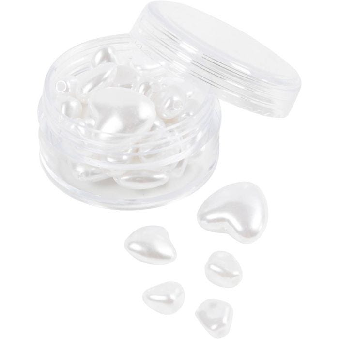 Perles de Cire, Cœurs, d 7-13 mm, diamètre intérieur 1,3-1,5 mm, nacré, 32 pièces/ 1 Pq.