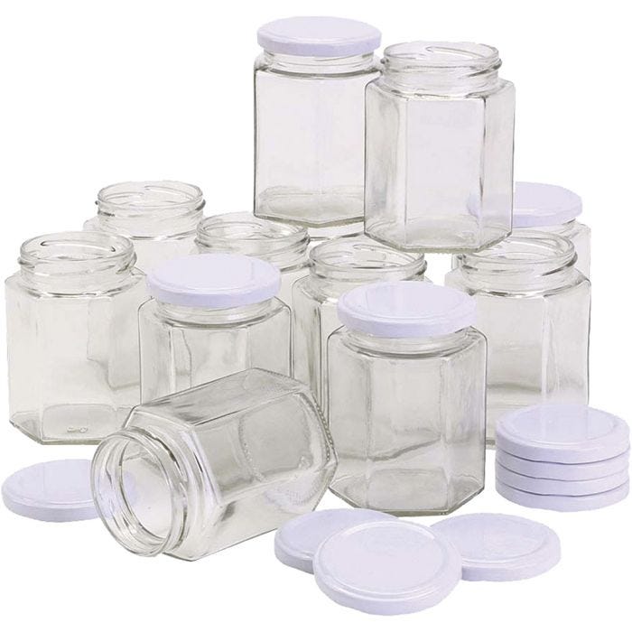 Pot en verre hexagonal, H : 8 cm, d 7 cm, 180 ml, 12 pièces/ 1 Pq.