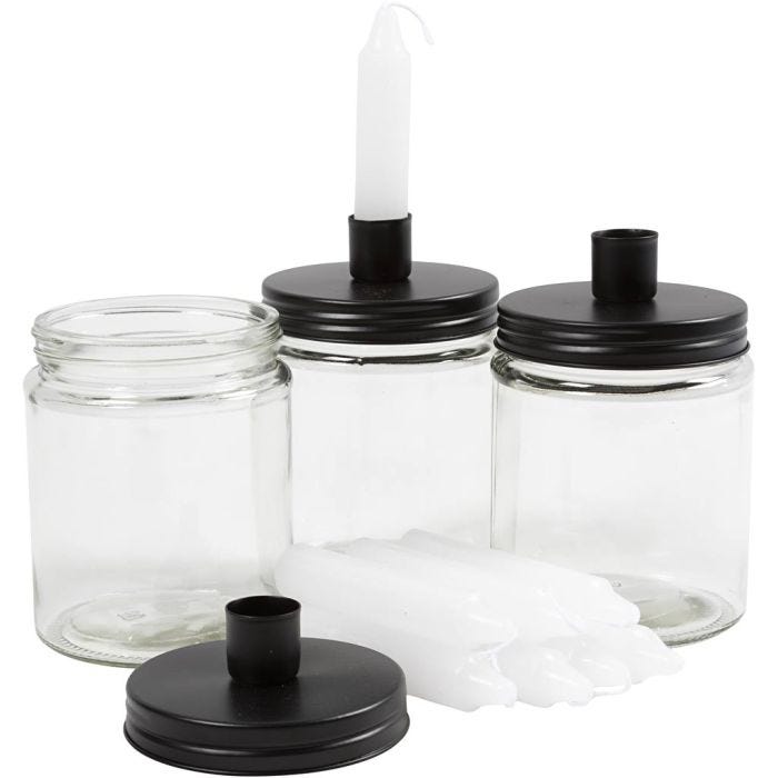 Pot surmonté d'un bougeoir et bougies, H : 15 cm, d 9.5 cm, dim. 15 cm, 6 set/ 1 Pq.