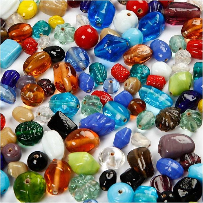 Perles de verre, dim. 7-18 mm, diamètre intérieur 1 mm, ass. de couleurs, 1000 gr/ 1 Pq.