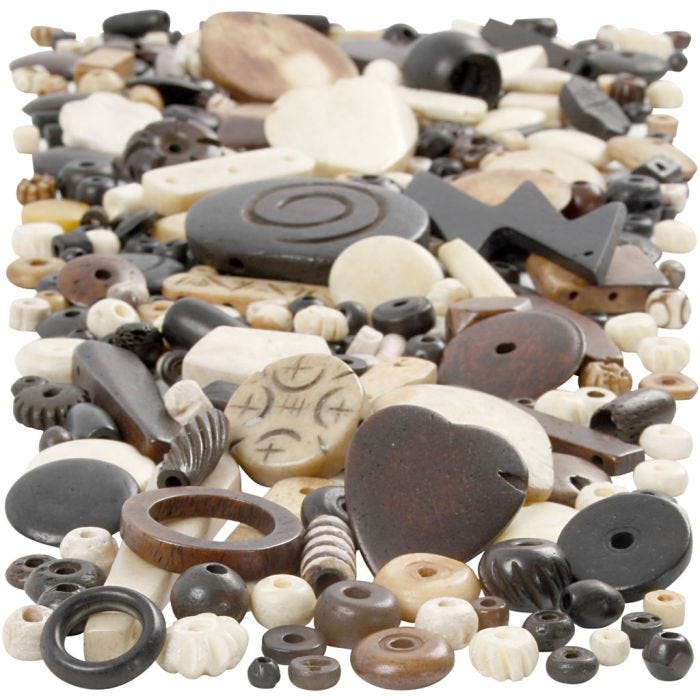 Mix de perles en os, dim. 5-30 mm, diamètre intérieur 1-2 mm, 300 gr/ 1 Pq.