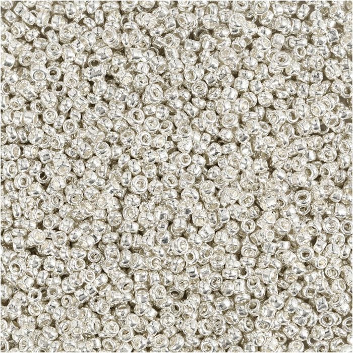 Perles de Rocaille, d 1,7 mm, dim. 15/0, diamètre intérieur 0,5-0,8 mm, Argent métallisé, 25 gr/ 1 Pq.