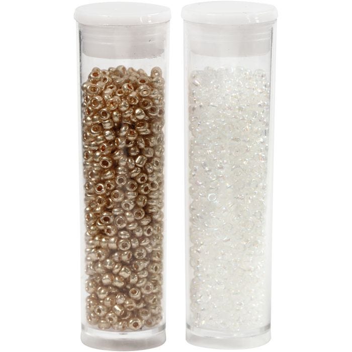 Perles de Rocaille, d 1,7 mm, dim. 15/0, diamètre intérieur 0,5-0,8 mm, blanc, 2x7 gr/ 1 Pq.