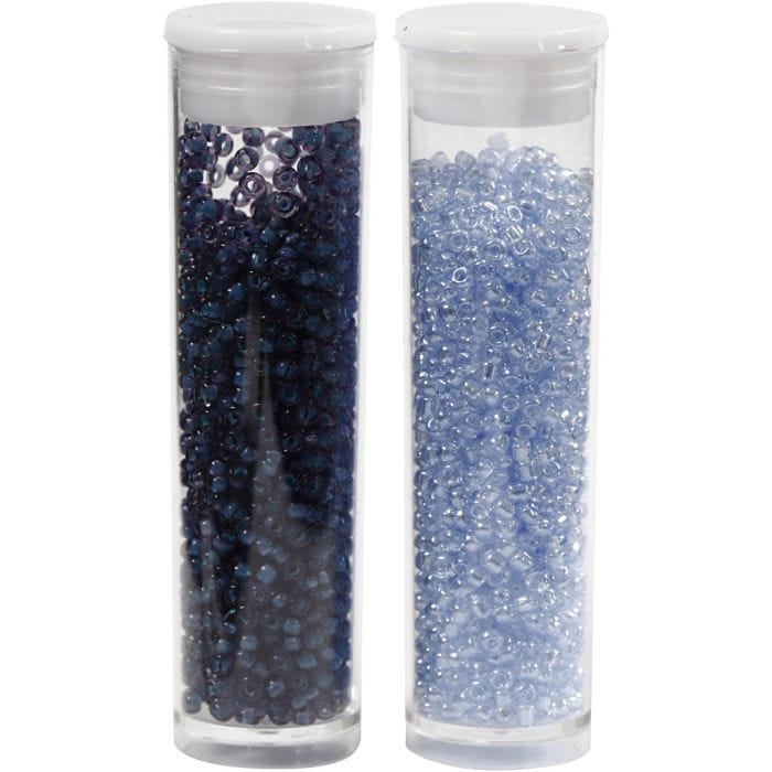 Perles de Rocaille, d 1,7 mm, dim. 15/0, diamètre intérieur 0,5-0,8 mm, bleu clair, bleu foncé, 2x7 gr/ 1 Pq.