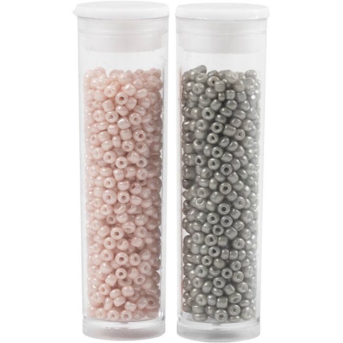 Perles de Rocaille, d 1,7 mm, dim. 15/0, diamètre intérieur 0,5-0,8 mm, gris clair, dusty rose, 2x7 gr/ 1 Pq.