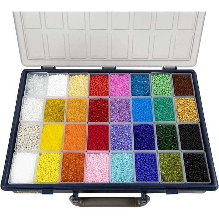 Perles de Rocaille, d 1,7+3+4 mm, dim. 6/0+8/0+12/0, diamètre intérieur 0,5-1,2 mm, la couleur peut varier , 32x100 gr/ 1 Pq.