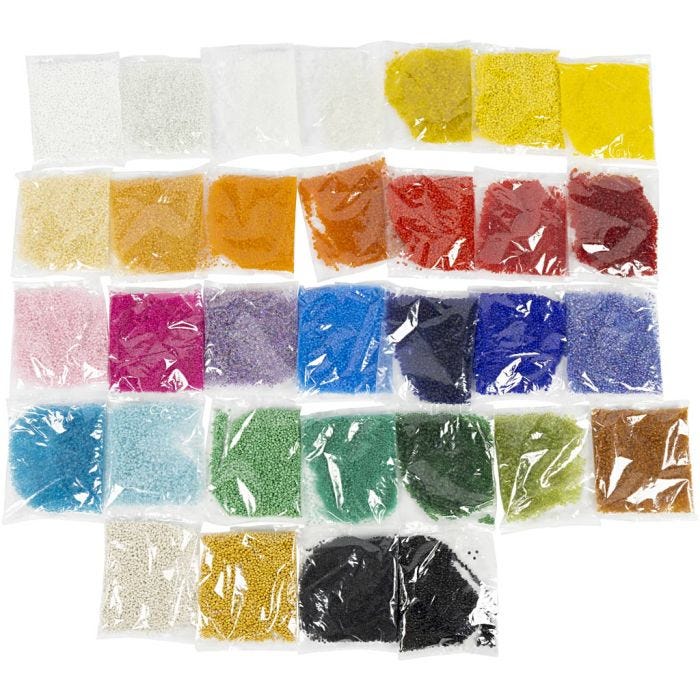 Perles de Rocaille, d 1,7+3+4 mm, dim. 6/0+8/0+12/0, diamètre intérieur 0,5-1,2 mm, la couleur peut varier , 32x100 gr/ 1 Pq.