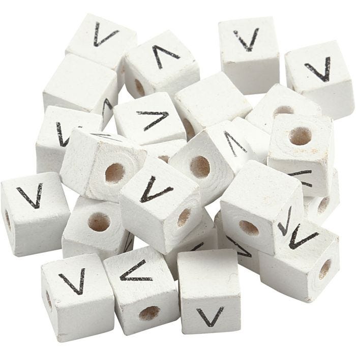 Perles lettres, V, dim. 8x8 mm, diamètre intérieur 3 mm, blanc, 25 pièces/ 1 Pq.