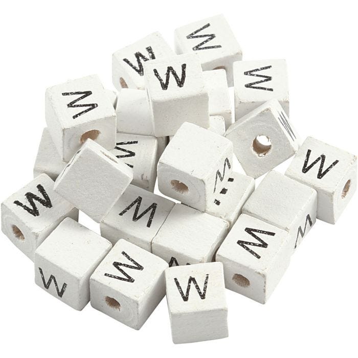 Perles lettres, W, dim. 8x8 mm, diamètre intérieur 3 mm, blanc, 25 pièces/ 1 Pq.