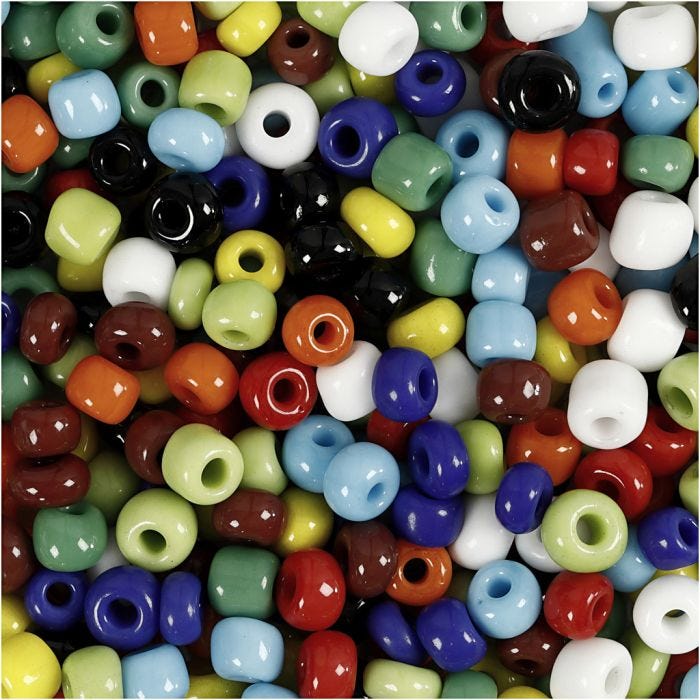 Perles de Rocaille, d 4 mm, dim. 6/0, diamètre intérieur 0,9-1,2 mm, ass. de couleurs, 130 gr/ 1 Pq.
