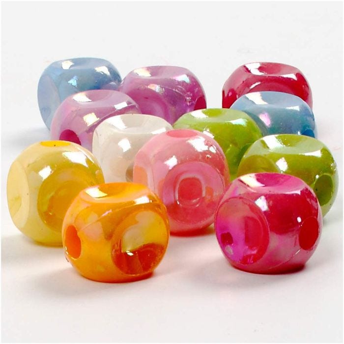 Perles dés, dim. 10x10 mm, diamètre intérieur 4 mm, 60 gr, 125 ml/ 1 Pq.