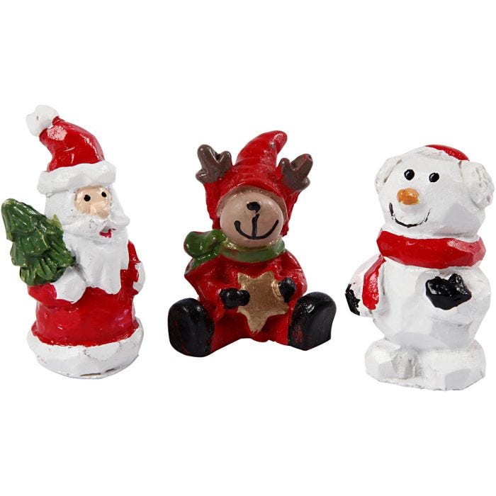 Petites figurines, père Noël, renne et bonhomme de neige, H : 35 mm, L : 10 mm, 3 pièces/ 1 Pq.