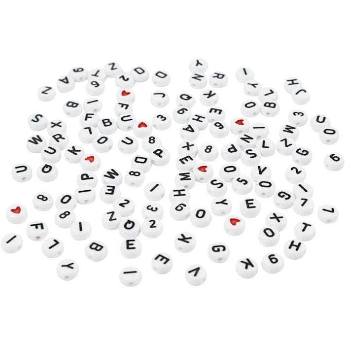 Perles lettres, dim. 7 mm, diamètre intérieur 1,2 mm, blanc, 25 gr/ 1 Pq.