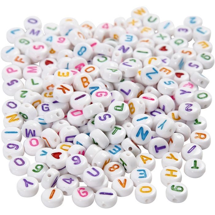 Perles lettres, dim. 7 mm, diamètre intérieur 1,2 mm, blanc, 200 gr/ 1 Pq.