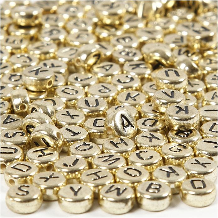 Perles lettres, d 7 mm, diamètre intérieur 1,2 mm, or, 21 gr/ 1 Pq.