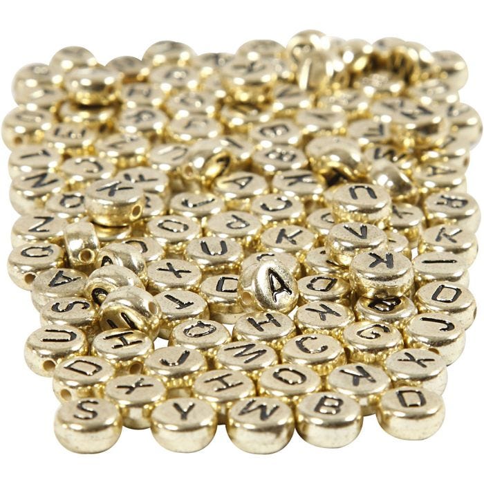 Perles lettres, d 7 mm, diamètre intérieur 1 mm, or, 165 gr/ 1 Pq.
