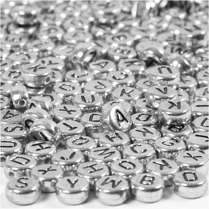 Perles lettres, d 7 mm, diamètre intérieur 1,2 mm, argent, 21 gr/ 1 Pq.