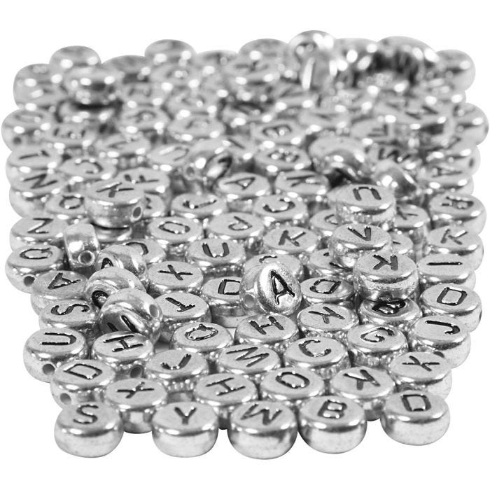 Perles lettres, d 7 mm, diamètre intérieur 1,2 mm, argent, 165 gr/ 1 Pq.