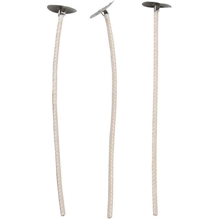 Mèches pour bougies dans un récipient, Convient aux récipients d’un diamètre de 20 à 65 mm, L : 10 cm, ép. 2 mm, 50 pièces/ 1 Pq.