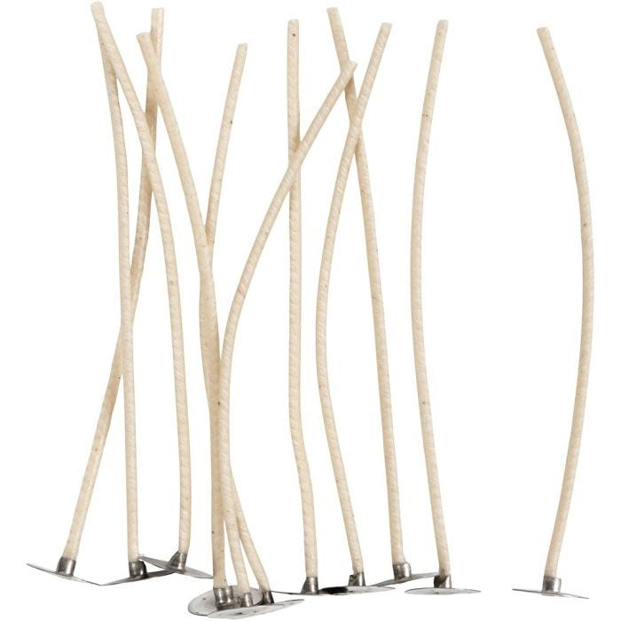 Mèches pour bougies dans un récipient, Convient aux récipients d’un diamètre de 20 à 65 mm, L : 110 mm, ép. 2 mm, 10 pièces/ 1 Pq.