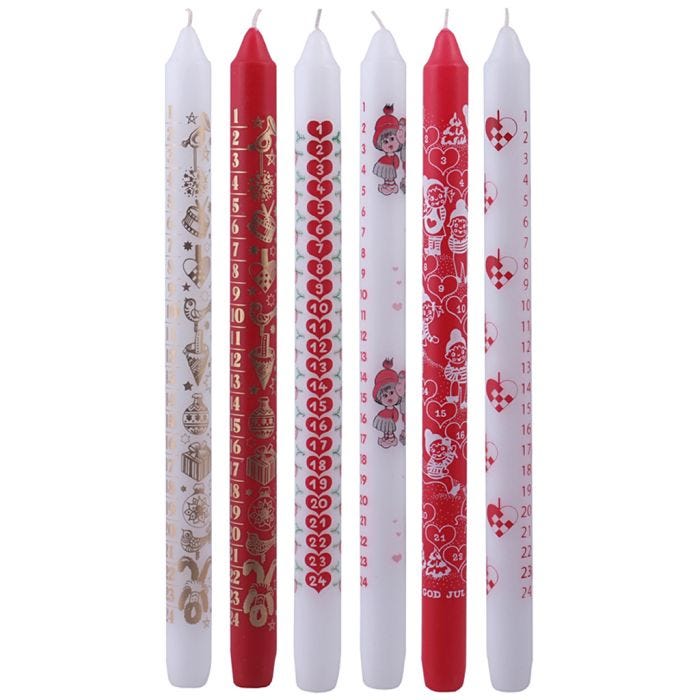 Bougies de l'Avent, H : 30 cm, d 22 mm, rouge, blanc, 24 pièces/ 1 Pq.