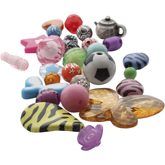 Mélange de perles en plastique fantaisie, dim. 5-35 mm, diamètre intérieur 1-4 mm, 1000 gr/ 1 Pq.