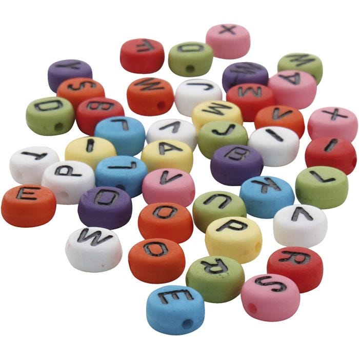 Perles rondes avec lettre, d 7 mm, diamètre intérieur 1-2 mm, ép. 4 mm, ass. de couleurs, 500 gr/ 1 Pq.