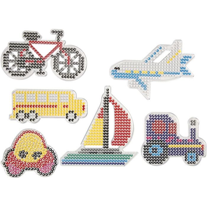 Plaque à picots, voiture, avion, bateau, tracteur, bus et bicyclette, dim. 9x9,5+11x16 cm, medium, 6 pièces/ 1 Pq.