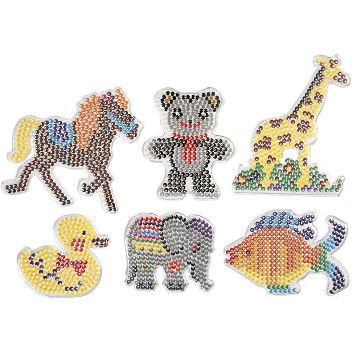 Plaque à picots, canard, éléphant, girafe, ours, cheval et poisson, dim. 10x11-13x16,5 cm, medium, 6 pièces/ 1 Pq.
