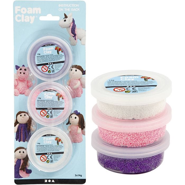 Foam Clay®, paillettes,Métallisé, rose, violet, blanc, 3x14 gr/ 1 Pq.