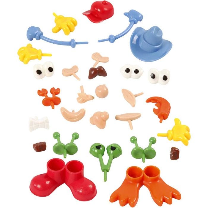 Parties du corps, dim. 0,8-6,8 cm, ass. de couleurs, 26 pièces/ 1 Pq.
