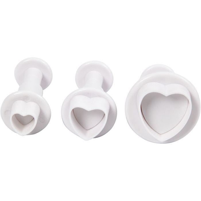 Emporte-Pièces avec Tampon, coeur, d 2+2,3+3 cm, blanc, 3 pièces/ 1 Pq.