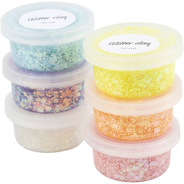 Glitter Clay, couleurs pastel, 6x20 ml/ 1 Pq.