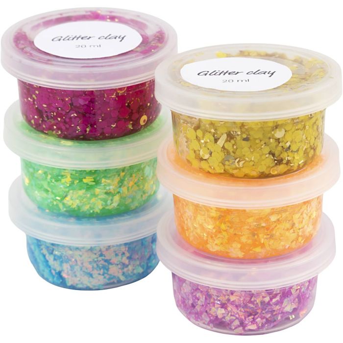 Glitter Clay, couleurs Joyeuses, 6x20 gr/ 1 Pq.
