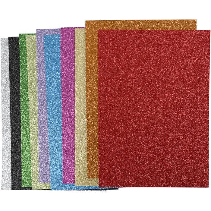 Feuilles de mousse EVA, A4, feuille 210x297 mm, ép. 2 mm, paillettes, ass. de couleurs, 10 flles ass./ 1 Pq.