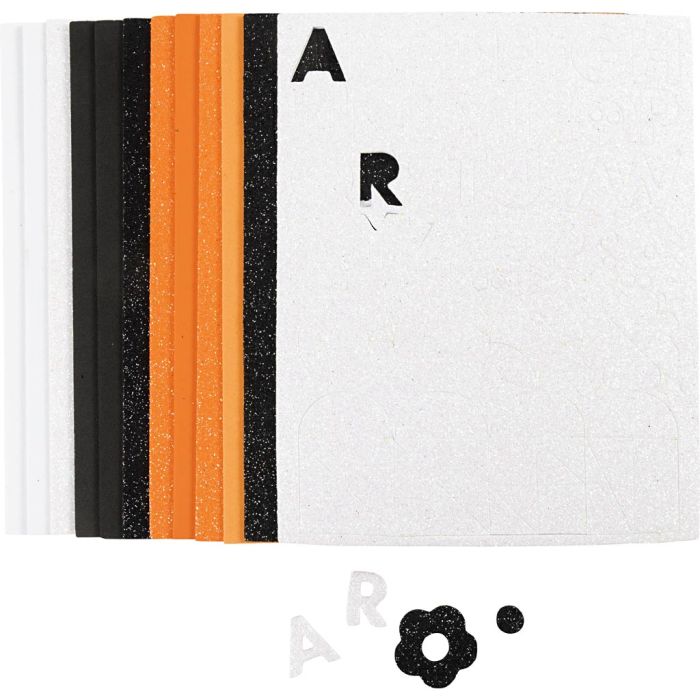 Feuilles de mousse, dim. 14x25 cm, ép. 2 mm, couleurs Halloween, 12 flles/ 1 Pq.