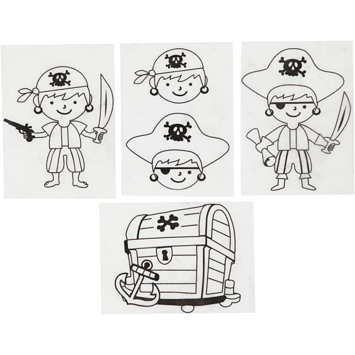 Feuilles de plastique thermorétractable avec motifs, pirates, feuille 10,5x14,5 cm, ép. 0,3 mm, transparent mat, 4 flles/ 1 Pq.