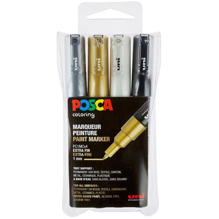 Set Posca markers, PC-1MC, afm PC-1MC, zwart, goud, zilver, wit, 4 stuk/ 1 doos