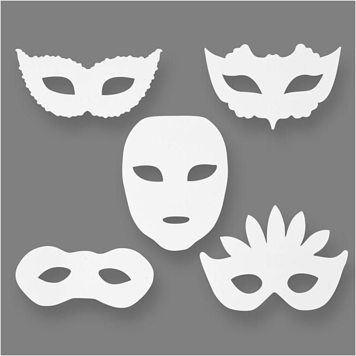 Masques de théâtre, H : 8,5-19 cm, L : 15-20,5 cm, 230 gr, blanc, 16 pièces/ 1 Pq.